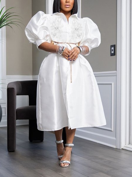 

Elegant Half Sleeve Plain Shirt Dress, White, Midi Dresses