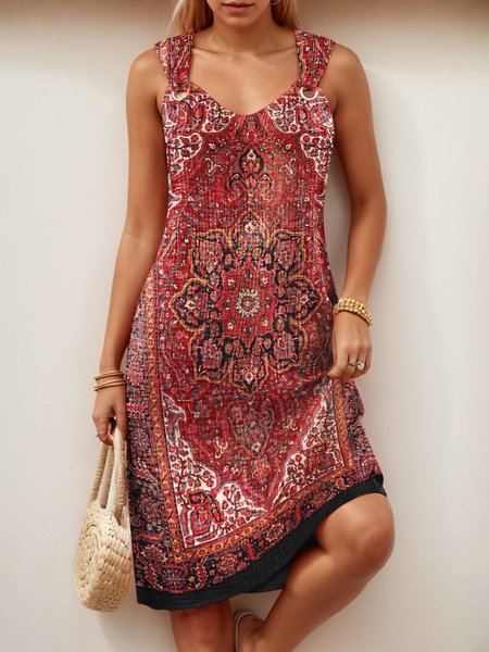 

Women's Sleeveless Summer Ethnic Boat Neck Daily Going Out Casual Knee Length A-Line Tank Red, Dresses