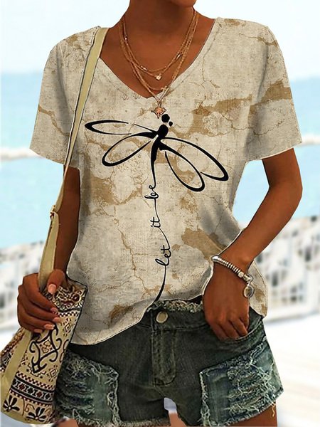 

Casual Dragonfly V Neck Short Sleeve T-shirt, Khaki, T-shirts