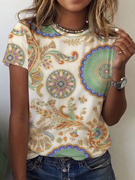 

Casual Ethnic Crew Neck Short Sleeve T-shirt, Multicolor, T-shirts