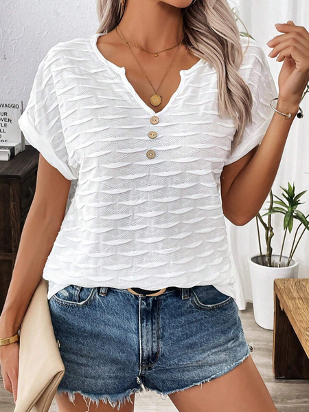 

V Neck Short Sleeve Plain Regular Loose Blouse For Women, White, Blouses