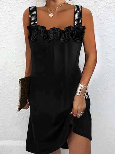 

Women Plain Spaghetti Sleeveless Comfy Casual Hot Drilling Mini Dress, Black, Dresses