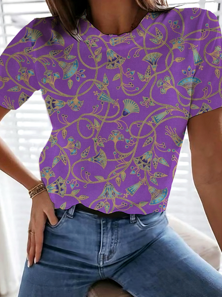 

Casual Ethnic Crew Neck Short Sleeve T-shirt, Purple, T-shirts