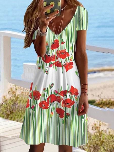 

Women Floral V Neck Short Sleeve Comfy Casual Mini Dress, Green, Dresses