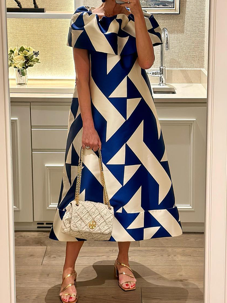 Elegant Loose Lotus Leaf Collar Cap Sleeve Midi Dress, As picture, Midi Dresses
