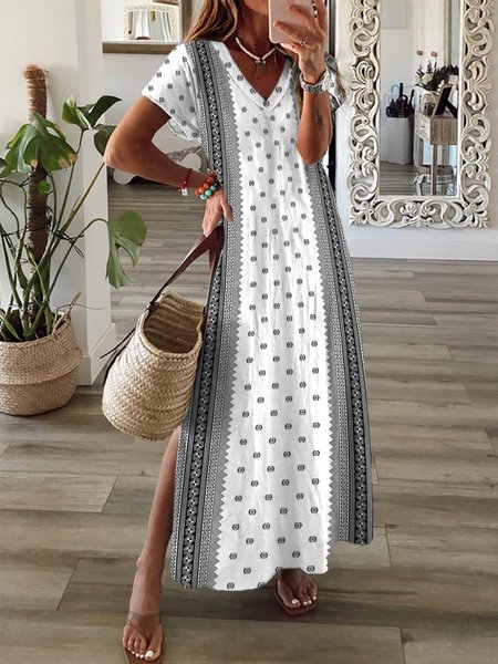 

Women Polka Dots V Neck Short Sleeve Comfy Casual Maxi Dress, Black, Dresses