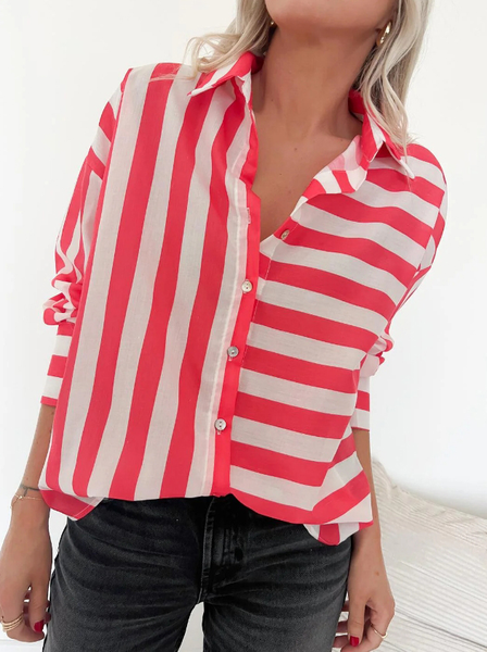 

Women's Long Sleeve Shirt Spring/Fall Striped Shirt Collar Daily Going Out Casual Top Red, Shirts