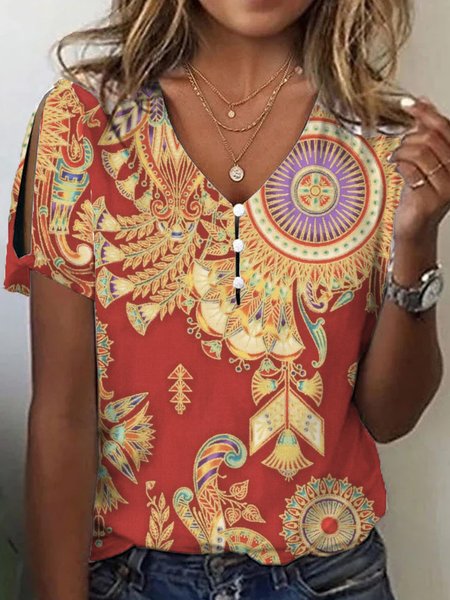 

Casual Ethnic V Neck Short Sleeve T-shirt, Red, T-shirts