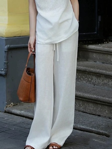 

Casual Plain Loose Pants, White, Pants