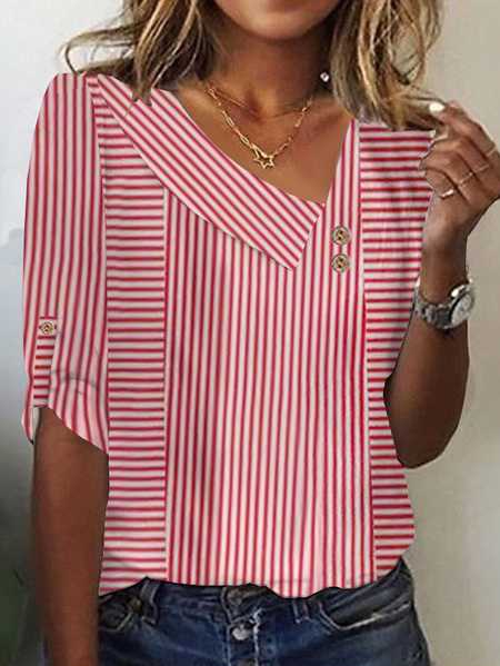 

Casual Striped Asymmetrical Three Quarter Sleeve T-shirt, Red, T-shirts