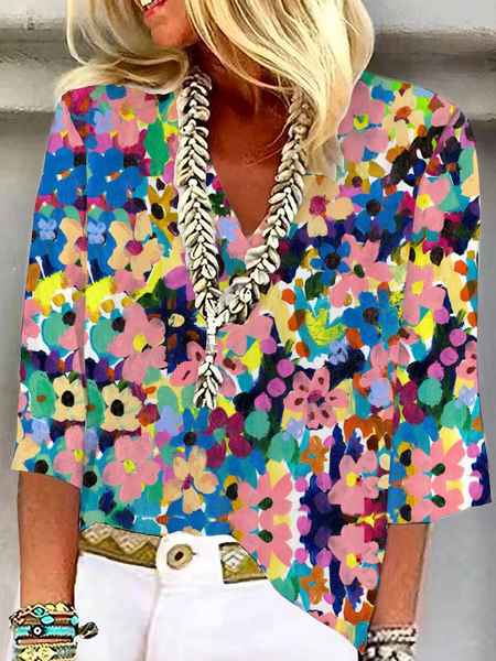 

V Neck Half Sleeve Floral Regular Loose Blouse For Women, Flower, Shirts