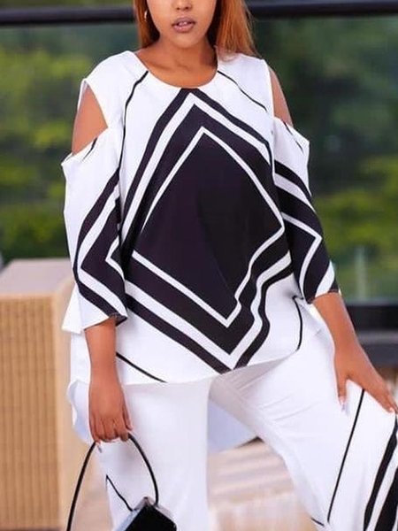 

Crew Neck Loose Casual Geometric Blouse, Black-white, Blouses and Shirts
