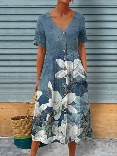 

V Neck Floral Casual Dress With No, As picture, Maxi Dresses