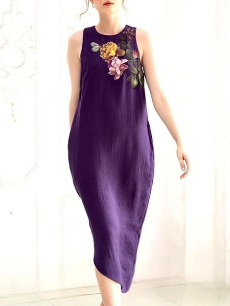 

Daily Crew Neck Floral Casual Dress, Purple, Midi Dresses