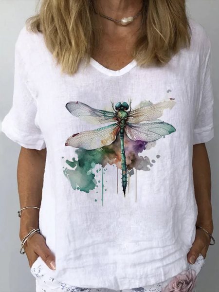 

V Neck Short Sleeve Dragonfly Regular Loose Blouse For Women, White, Blouses