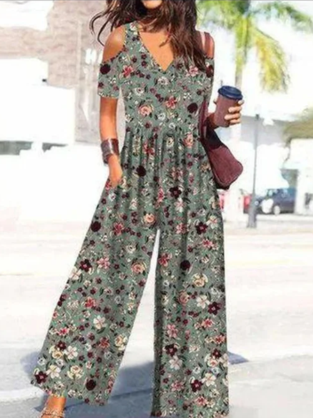 

Women Short Sleeve V Neck Loose Long Daily Casual Floral Natural Jumpsuit, Green, Jumpsuits&Rompers