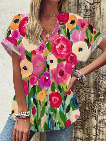 

V Neck Short Sleeve Floral Regular Loose Shirt For Women, Flower, T-shirts