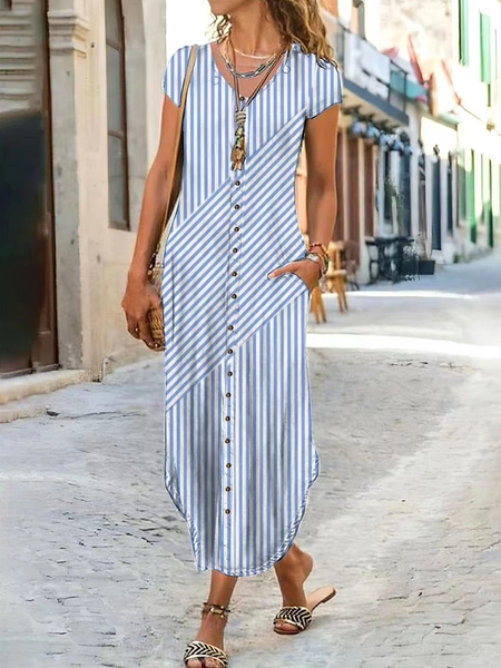

Women Striped V Neck Short Sleeve Comfy Casual Buckle Maxi Dress, Blue, Dresses