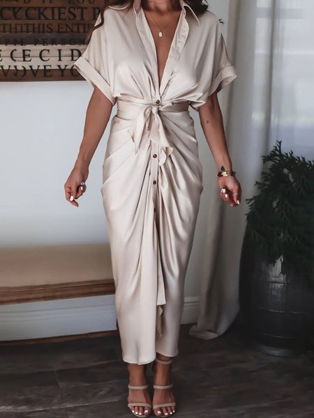 

Loose Elegant Shirt Collar Plain Dress With Belt, As picture, Maxi Dresses