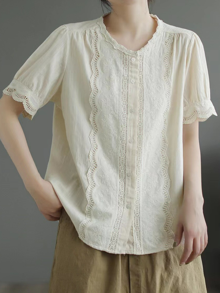 

Crew Neck Cotton Loose Casual Shirt, Off white, Blouses & Shirts