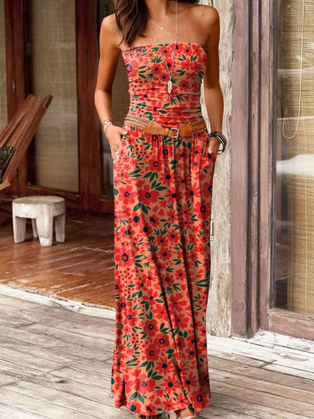 

Women Floral Strapless Sleeveless Comfy Casual Maxi Dress, Red, Dresses