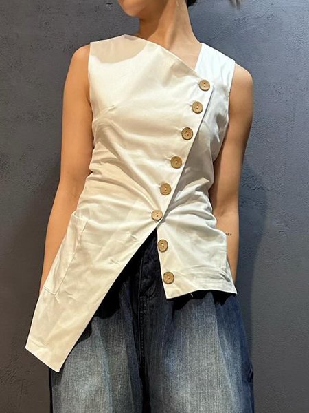 Urban Buttoned Plain Asymmetrical Vest, Off white, Jackets