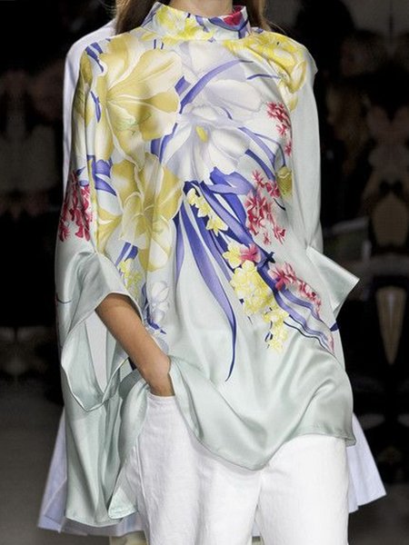 

Stand Collar Elegant Loose Floral Blouse, As picture, Blouses and Shirts