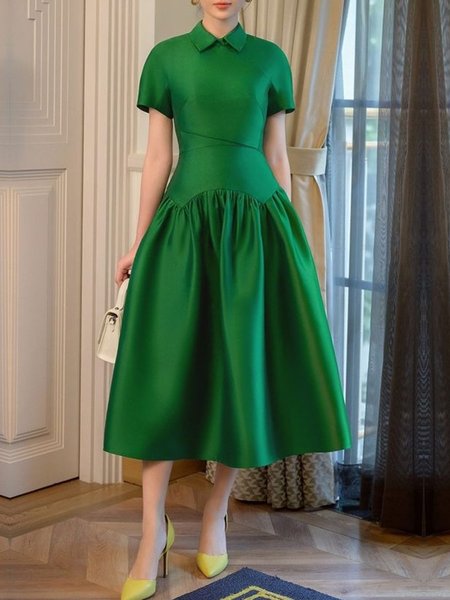 

Shirt Collar Elegant Satin Plain Short Sleeve Dress, Green, Midi Dresses
