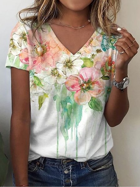 

Casual Floral V Neck Short Sleeve T-shirt, Green, T-shirts