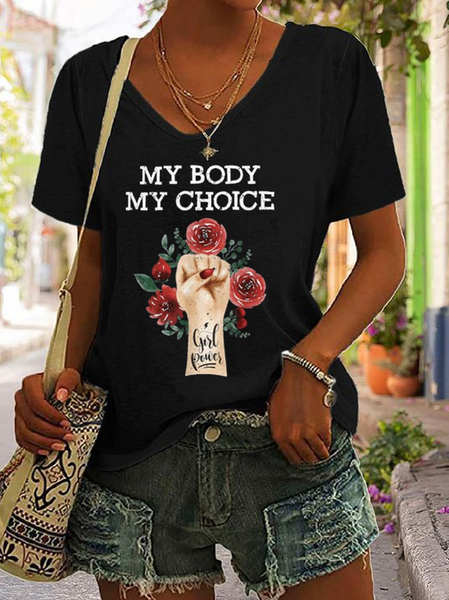 

Casual Floral V Neck Short Sleeve T-shirt, Black, T-shirts