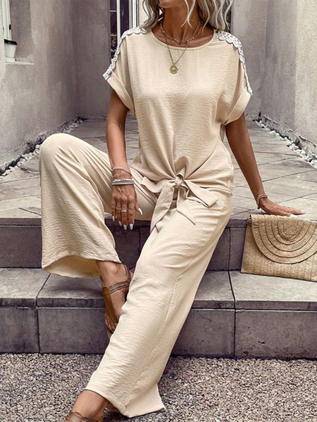 

Women's Lace Edge Plain Daily Going Out Two Piece Set Short Sleeve Casual Summer Top With Pants Matching Set Khaki, Suit Set