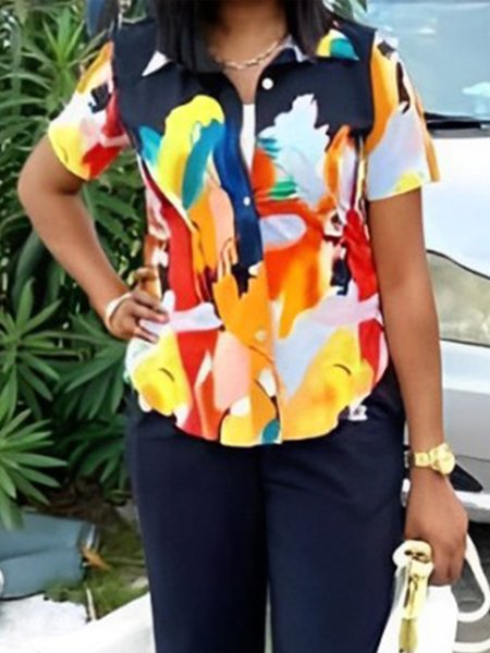 

Abstract Casual Short Sleeve Shirt Collar Shirt, Multicolor, Blouses and Shirts