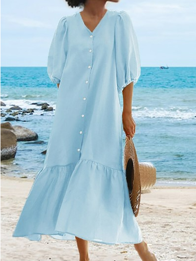 

Polyester Cotton V Neck Casual Loose Dress With No, Blue, Maxi Dresses