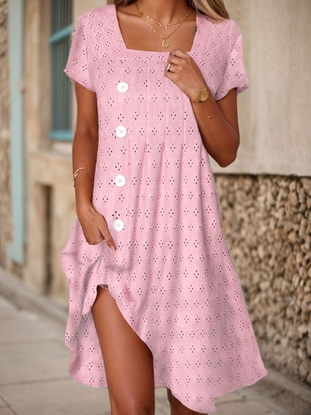 

Women's Short Sleeve Summer Plain Buckle Cotton-Blend Square Neck Daily Going Out Casual Midi H-Line Pink Dress, Dresses