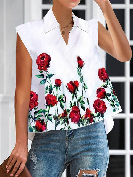 

Floral Shirt Collar Cap Sleeve Loose Urban Shirt, White, Blouses and Shirts