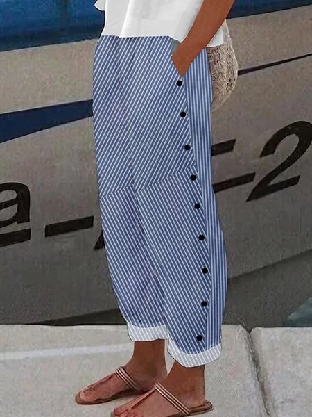 

Casual Striped Long Buckle Pant, Blue, Pants