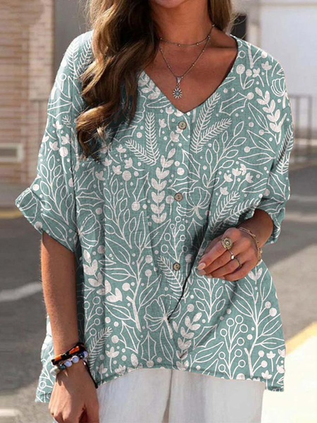 

V Neck Half Sleeve Floral Buckle Regular Loose Blouse For Women, Green, Blouses