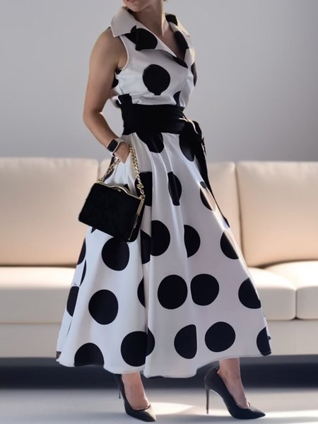 

Regular Fit Elegant Shirt Dress With Belt, Black-white, Maxi Dresses