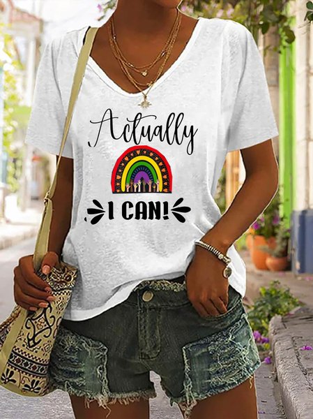 

Casual Text Letters V Neck Short Sleeve T-shirt, White, T-shirts