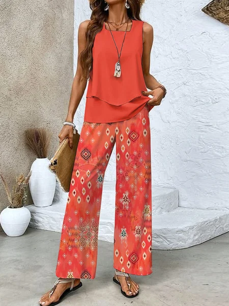 

Women's Folds Ethnic Daily Going Out Two Piece Set Sleeveless Casual Summer Top With Pants Matching Set Orange, Suit Set