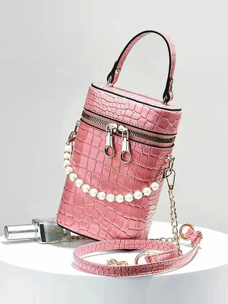 

Elegant Crocodile Embossed Faux Pearls Beaded MIni Handbag with Detachable Crossbody Strap, Pink, Bags