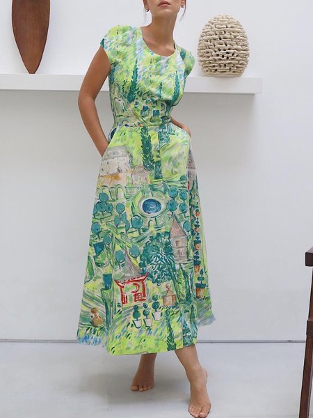 Plants Elegant Regular Fit Crew Neck Dress, Green, Maxi Dresses