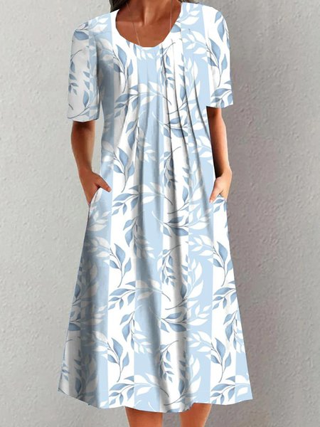 Women Floral Crew Neck Short Sleeve Comfy Casual Buckle Midi Dress, Blue, Dresses