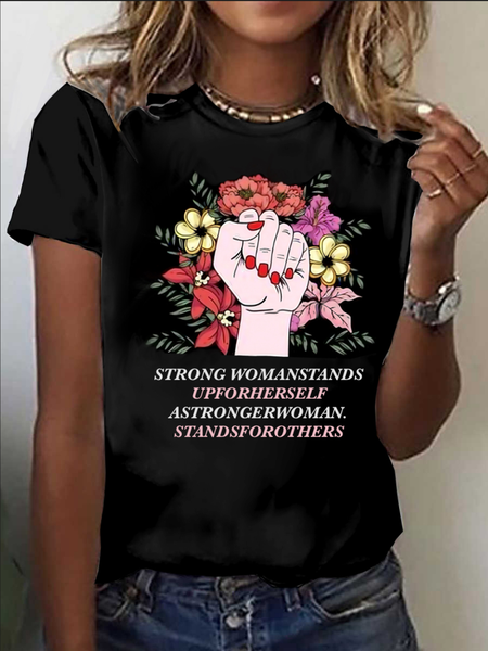 

Casual Floral Crew Neck Short Sleeve T-shirt, Black, T-shirts