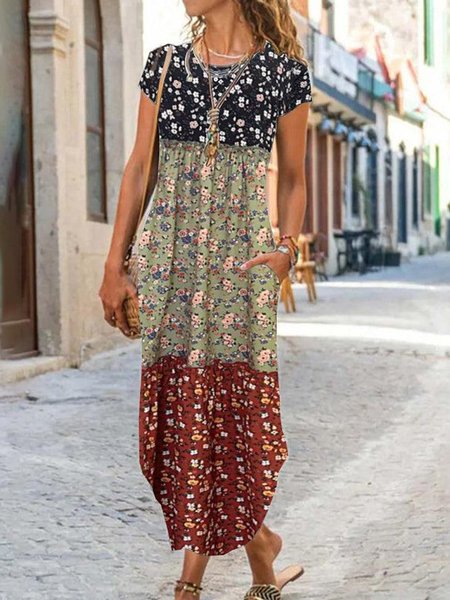 

Women Floral Crew Neck Short Sleeve Comfy Casual Maxi Dress, Multicolor, Dresses