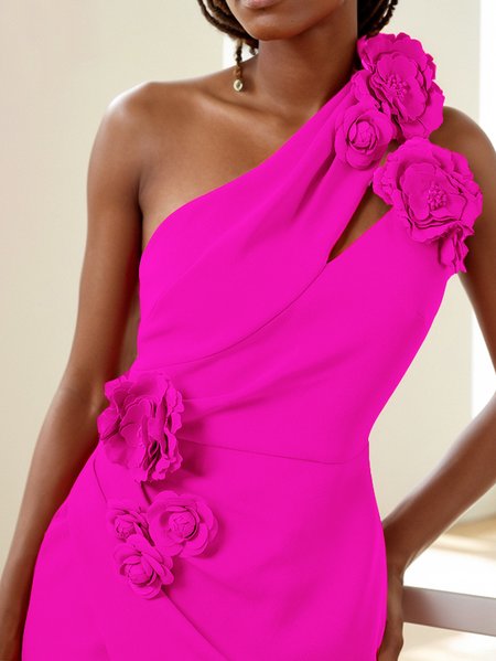 

Women's Sleeveless Summer Plain Applique Dress One Shoulder Holiday Going Out Elegant Midi H-Line, Rose red, Dresses