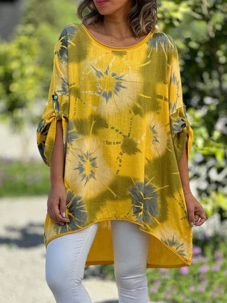 

Crew Neck Three Quarter Sleeve Floral Regular Micro-Elasticity Loose Blouse For Women, Yellow, Blouses