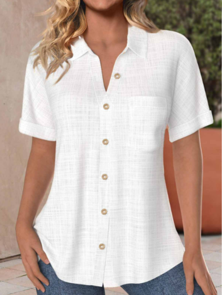 

Shawl Collar Loose Vacation Plain Shirt, White, Blouses & Shirts