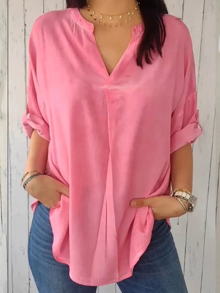 

Loose Casual Plain V Neck Blouse, Pink, Blouses & Shirts