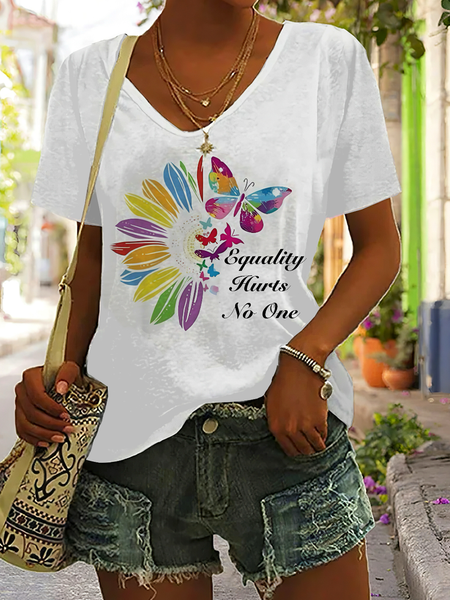 

Casual Floral V Neck Short Sleeve T-shirt, White, T-shirts